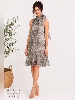 Comma 100% Silk Leopard Paisley Print Tie Neck Dress EU 38 US 8